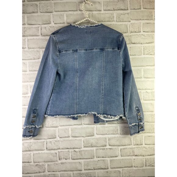 ecru Frayed-Trim Blue Denim Jacket Women’s Size Small - Picture 4 of 6